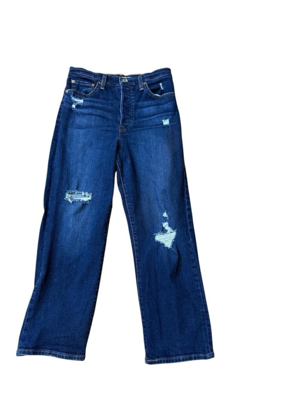 Levis Womens Ribcage Straight Ankle Button Fly Distressed Dark Wash Size 29 EUC
